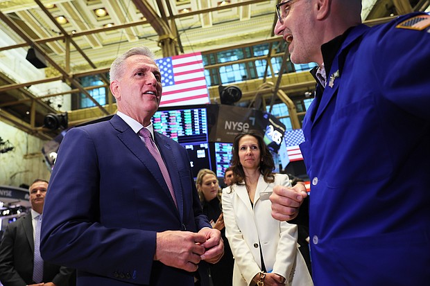 Speaker of the House Kevin McCarthy speaks with Peter Giacchi, executive floor official with Citadel, on the floor of the New York Stock Exchange on Monday, April 17th.