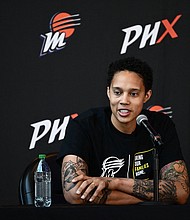 Brittney Griner speaks during a news conference at the Footprint Center in Phoenix, Arizona on April 27.
Mandatory Credit:	Patrick T. Fallon/AFP/Getty Images