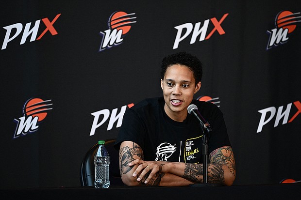 Brittney Griner speaks during a news conference at the Footprint Center in Phoenix, Arizona on April 27.
Mandatory Credit:	Patrick T. Fallon/AFP/Getty Images