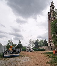 Multiple construction projects are underway at the Virginia War Memorial Carillon in Richmond. In 2016, Elizabeth L. O’Leary of the Carillon Civic Association described the historic monument: Rising a lofty 240 feet in the heart of Richmond’s William Byrd Park stands the Virginia War Memorial Carillon — the Commonwealth’s official monument to the approximately 3,700 men and women from the state who died as a result of World War I. The Georgian-revival tower houses a massive musical instrument made up of 53 fixed bronze bells of varying sizes, still played today by a carillonneur who strikes a pedal keyboard just below the bell chamber. Dedicated on October 15, 1932 — 14 years after the end of the Great War — the Carillon opened amidst a swirl of patriotic fervor and controversy. Its original design, commissioned several years earlier by the Virginia General Assembly from celebrated Philadelphia architect Paul Cret, called for a sleek classicized temple. Shortly after ground breaking, a citizen’s committee waged a successful popular campaign to build a carillon instead. Building the more expensive “singing tower” — a brick encased steel frame that originally supported the heavy bells cast by John Taylor & Co. of Loughborough, England — required additional fundraising to achieve the final cost of $325,000.
