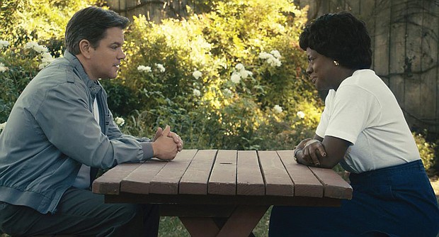 This image released by Amazon Prime Video shows Matt Damon as Sonny Vaccaro, left, and Viola Davis as Deloris Jordan in a scene from “Air.”