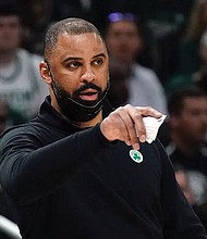 Boston Celtics Coach Ime Udoka reacts during the first half of Game 6 in the NBA basketball Eastern Conference semifinals playoff series May 13, 2022, in Milwaukee.