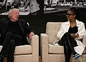 Nike co-founder Phil Knight and 1803 Fund founder Rukaiyah Adams at an event on April 24 at Nike headquarters in Beaverton. Knight and his wife Penny are donating $400 million to the fund, which is devoted to supporting Portland’s Black residents. Credit: Jonathan Levinson/Oregon Public Broadcasting