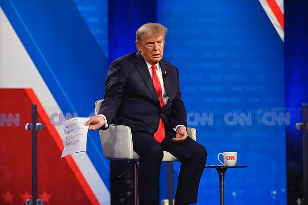 Former President Donald Trump participates in a CNN Republican Town Hall moderated by CNN's Kaitlan Collins at St. Anselm College in Manchester, New Hampshire, on May 10.
Mandatory Credit:	Will Lanzoni/CNN