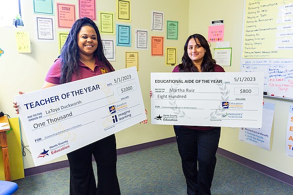 Harris County Department of Education Teacher of the Year LaToya Duckworth, left, and Educational Aide of the year Martha Ruiz, right, at ABS East, May 1, 2023.
