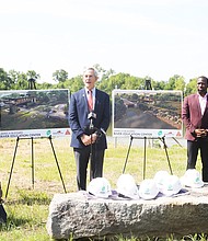 The James River Association broke ground on the James A. Buzzard River Education Center Monday, May 8, at 2825 Dock St. along the James River. Attending the ceremonial groundbreaking was Virginia Secretary of Natural and Historic Resources Travis Voyles, left, James River Association President and CEO Bill Street, Mayor Levar M. Stoney and Richmond City Councilwoman Cynthia I. Newbille. The state-of-the-art facility will serve as a catalyst for river education, environmental awareness and community connection, said Mr. Street. However, there was no mention of the James River’s Indigenous name, Powhatan, nor the Native Americans, the Powhatan tribe, who lived below the Fall Line (Richmond) when the Jamestown colonists arrived in 1607. The Powhatan River then was named the James River after King James I of England. Mayor Stoney, in his remarks, did note the James River’s “instrumental role” in Virgina’s history. “We know a number of great stories about how the river brought Abraham Lincoln down here, but also we know the story it played in the slave trade here as well. The good, the bad and the ugly. It’s my hope that every child in this city learns about the river and has a healthy respect for the river and the power of this natural resource that we have right in our backyard.”