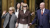 E. Jean Carroll, center, walks out of Manhattan federal court, Tuesday, in New York. A jury found Donald Trump liable for sexually abusing the advice columnist in 1996, awarding her $5 million in a judgment that could haunt the former president as he campaigns to regain the White House.