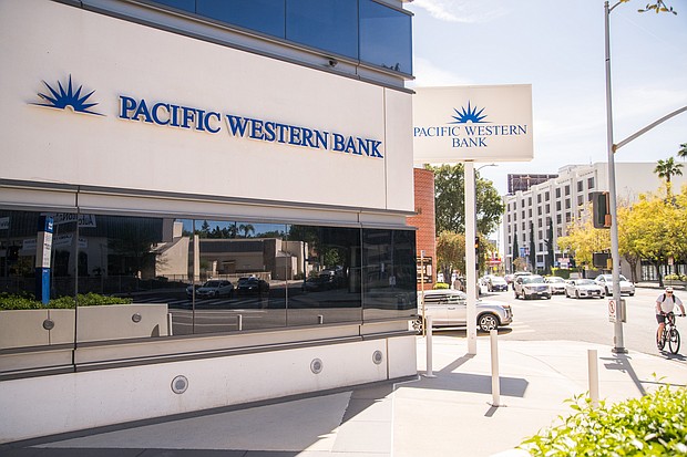 Following the collapse of First Republic Bank, PacWest said it saw a rush of withdrawals. Pictured is a Pacific Western Bank branch in Encino, California, on April 22.
Mandatory Credit:	Morgan Lieberman/Bloomberg/Getty Images