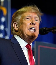 Former President Donald Trump, seen here on April 27, is appealing the $5 million judgment awarded by the Manhattan federal jury that found he sexually abused and defamed former magazine columnist E. Jean Carroll.
Mandatory Credit:	Charles Krupa/AP