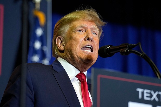 Former President Donald Trump, seen here on April 27, is appealing the $5 million judgment awarded by the Manhattan federal jury that found he sexually abused and defamed former magazine columnist E. Jean Carroll.
Mandatory Credit:	Charles Krupa/AP