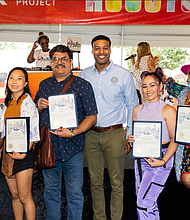 SHEIN X artists Dandee Warhol, Caroline Truong, Amol Saraf, Devona Stimpson, Amy Malkan pose with city council member Edward Pollard at the SHEIN x Art Discovery Block Party.