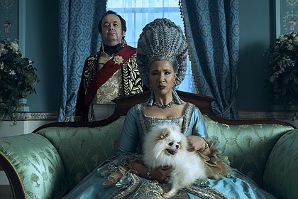 Hugh Sachs as Brimsley and Golda Rosheuvel as Queen Charlotte in "Queen Charlotte: A Bridgerton Story."
Mandatory Credit:	Liam Daniel/Netflix