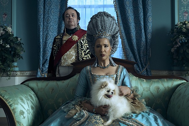 Hugh Sachs as Brimsley and Golda Rosheuvel as Queen Charlotte in "Queen Charlotte: A Bridgerton Story."
Mandatory Credit:	Liam Daniel/Netflix