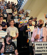 State Rep. Christian Manuel, D-Beaumont, speaks in support as LGBTQ activists protest Senate Bill 14 at the Texas Capitol, Friday, May 12, in Austin, Texas.
Mandatory Credit:	Mikala Compton/AP