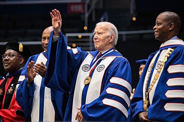 President Joe Biden participates in a Howard University graduation ceremony at the Capital One Arena in Washington, DC, on May 13, 2023