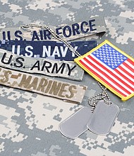 US MILITARY concept with branch tapes and dog tags on camouflage uniform