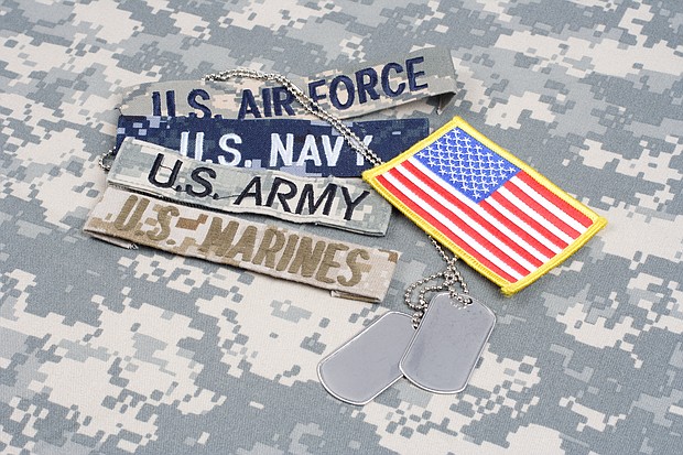 US MILITARY concept with branch tapes and dog tags on camouflage uniform