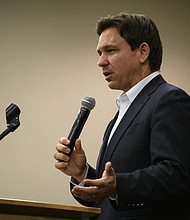 Florida Gov. Ron DeSantis speaks during an Iowa GOP reception on May 13, 2023 in Cedar Rapids, Iowa.
Mandatory Credit:	Stephen Maturen/Getty Images