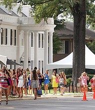 Potential new sorority members participate in recruitment at the University of Alabama in 2012, a full decade before "Bama Rush" was filmed./Michelle Lepianka Carter/The Tuscaloosa News/AP