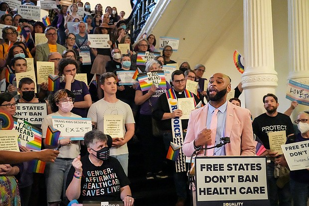State Rep. Christian Manuel, D-Beaumont, speaks in support as LGBTQ activists protest Senate Bill 14 at the Texas Capitol, Friday, May 12, in Austin, Texas.
Mandatory Credit:	Mikala Compton/AP