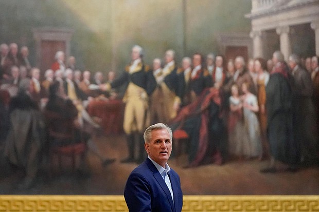 Speaker of the House Kevin McCarthy, R- Calif., walks in the Capitol Rotunda on Capitol Hill in Washington, Sunday, May 21, 2023.