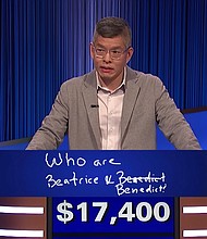 Ben Chan's nine-win streak on "Jeopardy!" came to a contested end on Tuesday when he misspelled the name "Benedick," a Shakespeare character, during Final Jeopardy!
Mandatory Credit:	From Jeopardy!