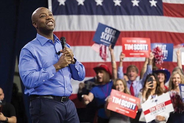 Republican presidential candidate Tim Scott delivers his speech Monday announcing his candidacy for president of the United States on the campus of Charleston Southern University in North Charleston, S.C.