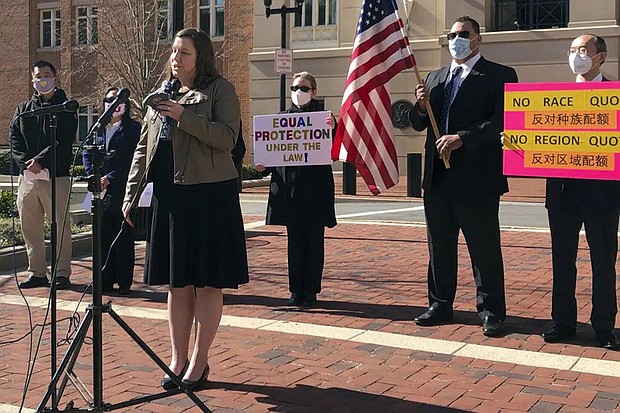 Pacific Legal Foundation Attorney Erin Wilcox speaks at a news conference outside the federal courthouse on March 10, 2021, in Alexandria, Va., where her organization filed a lawsuit against Fairfax County’s School Board, alleging discrimination against Asian Americans over its revised admissions process for the elite Thomas Jefferson High School for Science and Technology.
A divided federal appeals court on Tuesday, May 23, 2023, upheld the constitutionality of a new admissions policy at the elite public high school in Virginia that critics say discriminates against highly qualified Asian Americans.