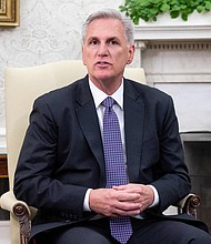 House Speaker Kevin McCarthy speaks during a meeting on the debt ceiling with President Joe Biden, not pictured, in the Oval Office of the White House in Washington, DC, on May 22.
Mandatory Credit:	Saul Loeb/AFP/Getty Images
