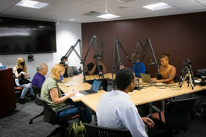 2022 ACLS Digital Justice Seed Grantees work on a podcast for their project "Building an Institute for Empathic Immersive Narrative" at Virginia Polytechnic Institute & State University. American Council of Learned Societies.
