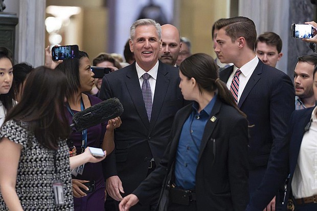 House Speaker Kevin McCarthy, R-Calif., at a news conference Wednesday after the House passed the debt ceiling bill at the Capitol in Washington. The bill now goes to the Senate.