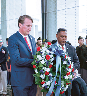 Gov. Glenn Youngkin gave the keynote address during the commonwealth’s 67th Annual Memorial Day ceremony at the Virginia War Memorial on May 29 in Richmond. He then joined Secretary of Veterans and Defense Affairs Craig Crenshaw and Army Maj. Gen. Timothy P. Williams, adjutant general of Virginia, in laying a wreath on the Shrine of Memory.