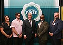 From left to right: Caryn Anderson, K-5 Educator of the Year winner; Lucas Dix, 6-8 Educator of the Year winner; Rob Stuart, President & CEO, OnPoint Community Credit Union; Willie Williams, 9-12 Educator of the Year winner; Samuel Platt, Gold Star Educator of the Year winner.