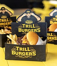 Trill Burgers OG Burger and Trill Burgers Vegan OG Burger - OG Burger is an all-beef patties with pickles, caramelized onions, American cheese, and Trill sauce; Vegan OG Burger is a vegan patty with vegan cheese and vegan mayo - single and triple patties are available