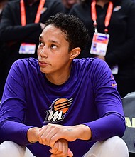 Brittney Griner of the Phoenix Mercury sits on the bench during the game against the Los Angeles Sparks on May 19.
Mandatory Credit:	Adam Pantozzi/NBAE/Getty Images