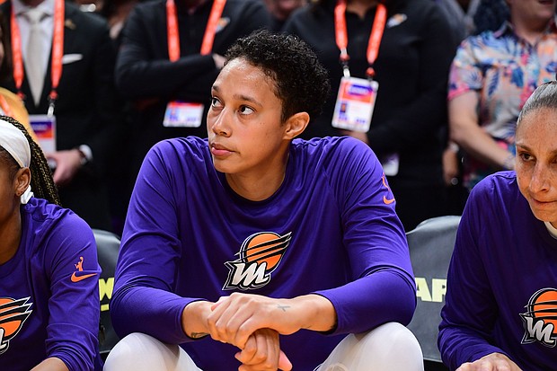Brittney Griner of the Phoenix Mercury sits on the bench during the game against the Los Angeles Sparks on May 19.
Mandatory Credit:	Adam Pantozzi/NBAE/Getty Images