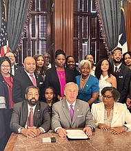 Rep. Borris L. Morris, Gov. Greg Abbott, Rep. Rhetta Andrews Bowers, and other legislators jpg