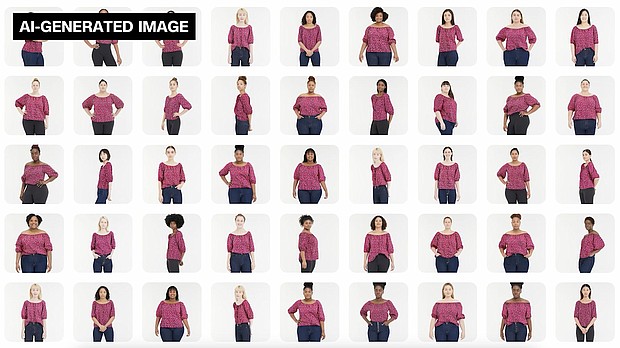 Google's new virtual try-on feature uses generative AI to show clothes on a wide selection of body types. Although the models are real, the tool learned to match the shape of the shirt to the person in varying angles.
Mandatory Credit:	Google