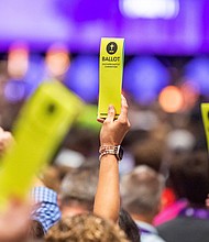 Delegates hold up their ballots at the Southern Baptist Convention at the New Orleans Ernest N. Morial Convention Center in New Orleans, Tuesday, June 13.
Mandatory Credit:	Scott Clause/The Daily Advertiser/AP