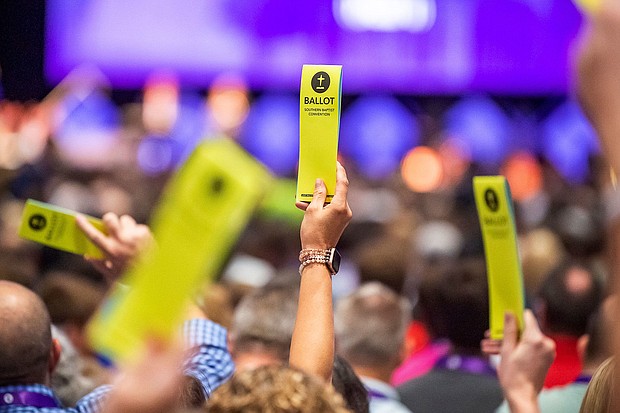 Delegates hold up their ballots at the Southern Baptist Convention at the New Orleans Ernest N. Morial Convention Center in New Orleans, Tuesday, June 13.
Mandatory Credit:	Scott Clause/The Daily Advertiser/AP
