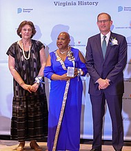 Robert Blue, chairman, president and CEO of Dominion, right, stands with Sandra Treadway, left, librarian of Virginia, and Danita Gail Wilkinson, middle, COO of the R.R. Wilkinson Foundation that is named after her father, the late Rev. Raymond Rogers Wilkinson, the Baptist minister and civil rights leader. Rev. Wilkinson and several other Virginians were honored during Dominion’s and the Library of Virginia’s “Strong Men & Women in Virginia History” awards program June 15 at the Hilton Richmond Hotel and Spa.