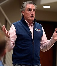 Republican presidential candidate North Dakota Gov. Doug Burgum speaks during a town hall meeting on June 9 in Elkhart, Iowa. Burgum on June 25 sought to assuage concerns of an overcrowded 2024 primary field.
Mandatory Credit:	Charlie Neibergall/AP
