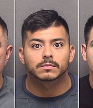 The booking images show (from left) Sgt. Alfred Flores, Officer Eleazar Alejandro and Officer Nathaniel Villalobos.
Mandatory Credit:	Bexar County Sheriff's Office