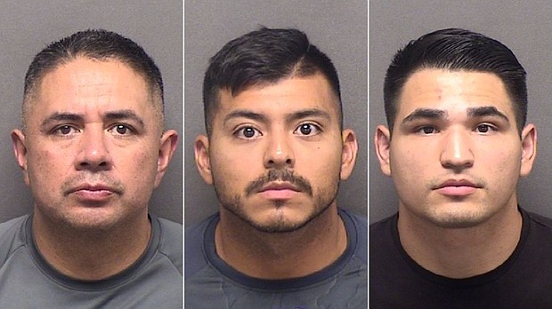 The booking images show (from left) Sgt. Alfred Flores, Officer Eleazar Alejandro and Officer Nathaniel Villalobos.
Mandatory Credit:	Bexar County Sheriff's Office