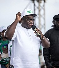 Sierra Leone’s President Maada Bio, here on June 20, has been reelected for a second term in office.
Mandatory Credit:	John Wessels/AFP/Getty Images