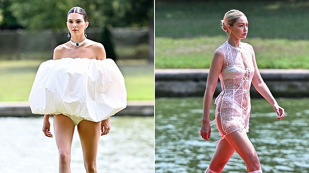 Left, Kendall Jenner walks the runway wearing a choker inspired by Princess Diana's jewelers collection. Right, Gigi Hadid appears in a lace number.
Mandatory Credit:	Stephane Cardinale/Corbis/Getty Images