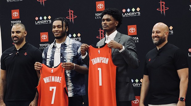 Houston Rockets Coach Ime Udoka and General Manager Rafael Stone with new players Amen Thompson and Cam Whitmore