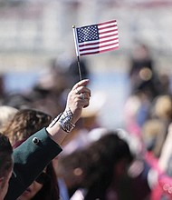 People recite an oath during a naturalization ceremony on Wednesday, Feb. 15, 2023, in San Diego. Population estimates released Thursday, June 22 by the U.S. Census Bureau show what drove changes in different race and ethnic groups last year, as well as since the start of COVID-19’s spread in the U.S. in April 2020.