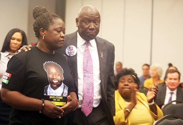 Caroline Ouko, left, the mother of Irvo Otieno, is accompanied by civil rights attorney Benjamin L. Crump as they arrive at the “Justice for Irvo Otieno Townhall,” on May 24 at Virginia Union University. On Wednesday, Mr. Crump and his co-counsel Mark J. Krudys in the Irvo Otieno case are requesting that the United States Department of Justice open a criminal investigation into the circumstances of Mr. Otieno’s death.