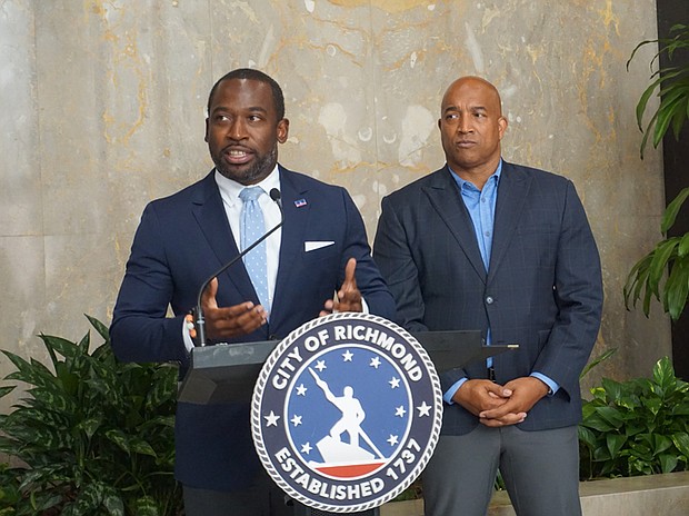 Mayor Levar M. Stoney announces new partners for the Health Equity Fund during a meeting at City Hall on Tuesday. He was joined by City Council President Michael Jones.